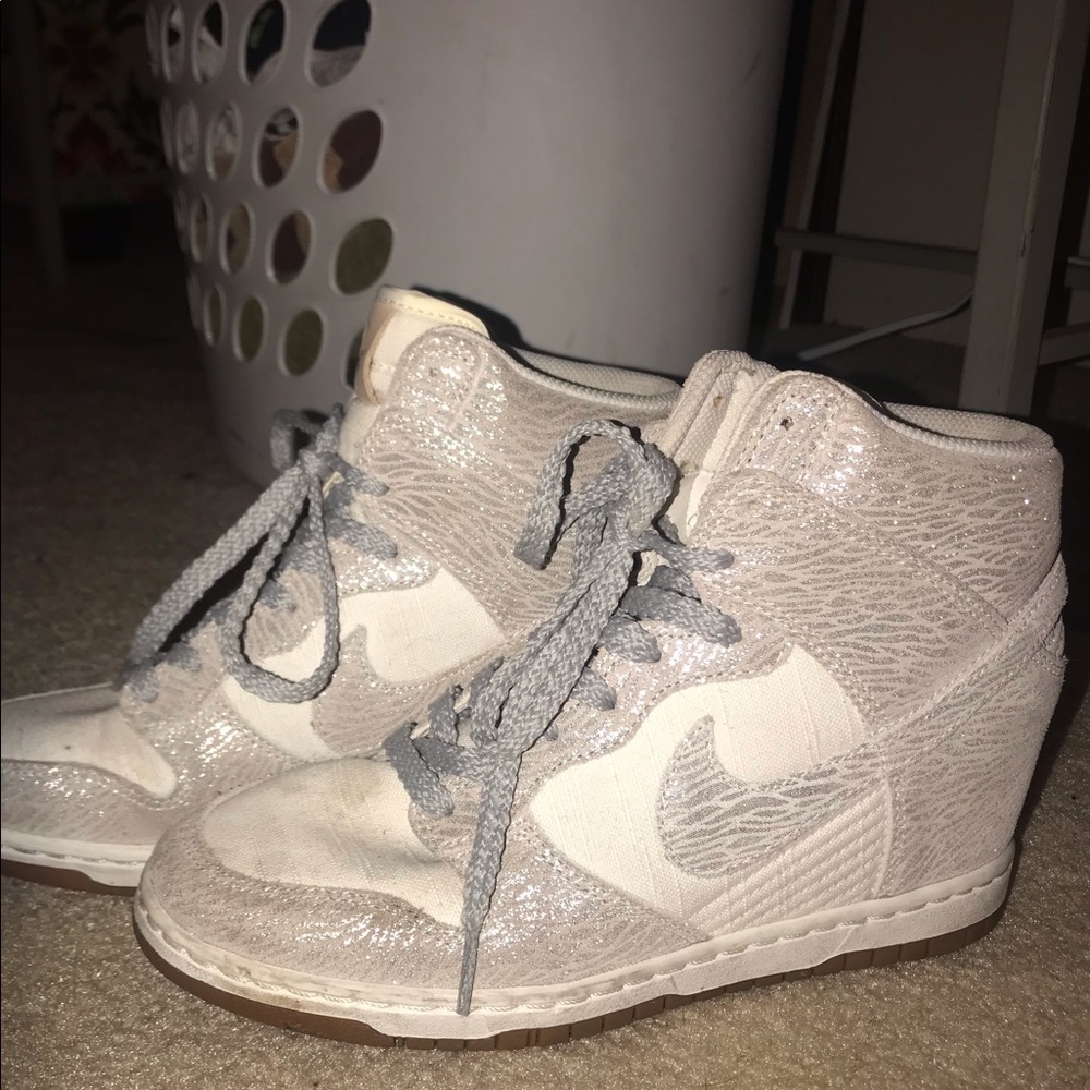 White and silver Nike Sky High Sneaker Wedges